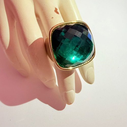 Disco cocktail emerald ring gold plated, new