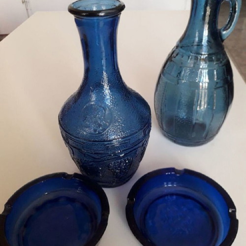 Blue blown glass vase set with two ashtrays and water or wine jug