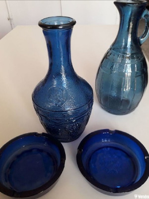 Blue blown glass vase set with two ashtrays and water or wine jug
