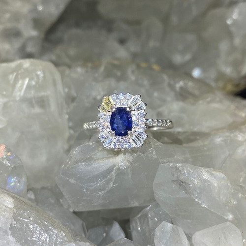 Handmade silver ring with natural blue sapphire and moissanites size 9