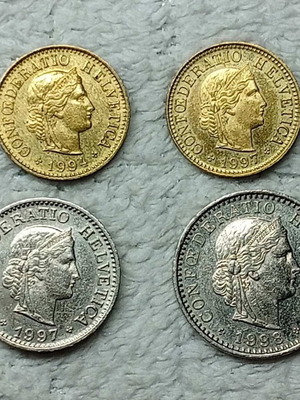 Swiss Coins Used, Set of 4 5, 10, 20 Rappen 1994-1998