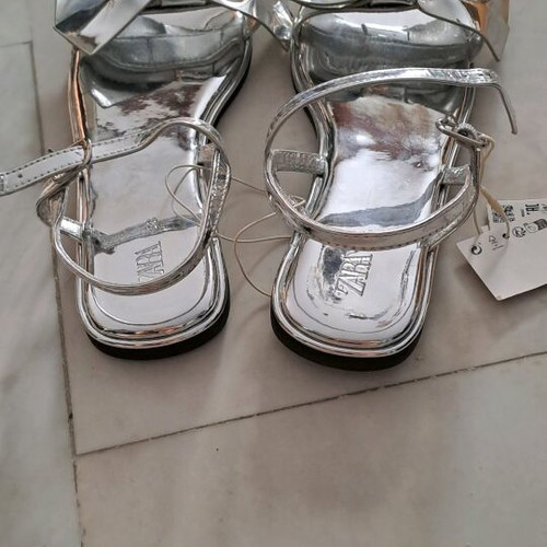 Zara silver mirrored sandals with bow new, size 38