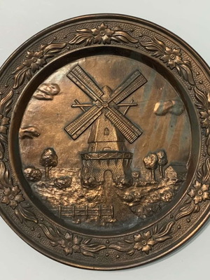 Vintage brass wall hanging plate "Dutch Windmill", 25cm