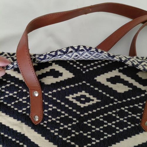 Springfield tote bag with ethnic design, shoulder style, white and blue