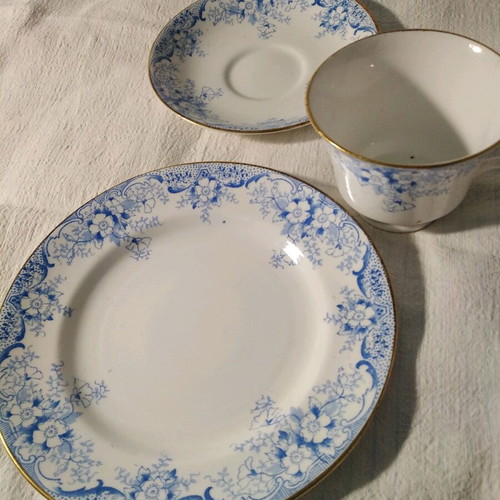 Antique English porcelain tea cup trio set with saucer and cake plate, blue
