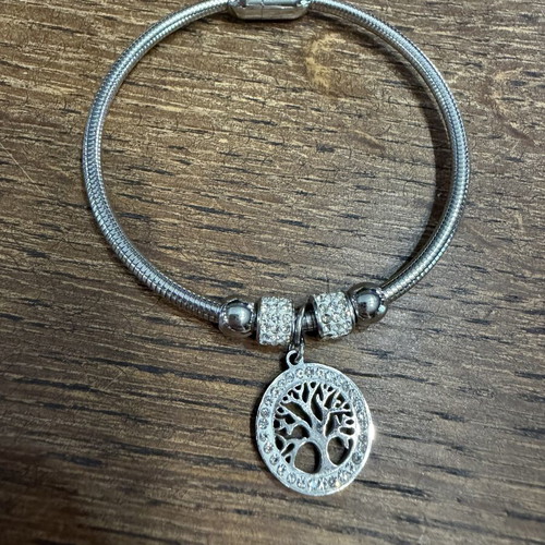 Steel bracelet with tree of life design and zirconia, new