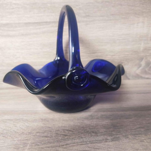Murano crystal set used, blue basket with handle and dolphin ashtray