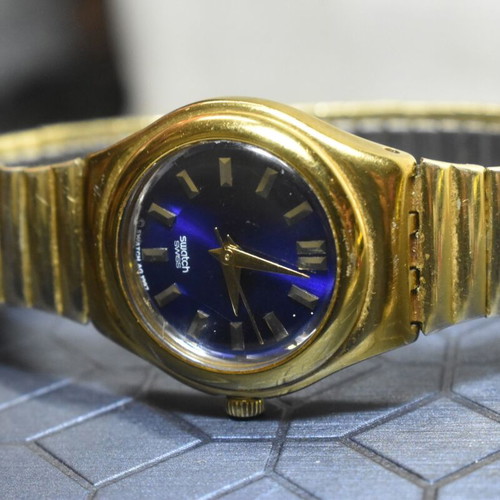 Swatch Irony women's watch used 1997 gold with blue dial
