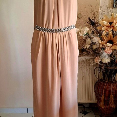 Douuod silk maxi dress like new, beige with rhinestone belt
