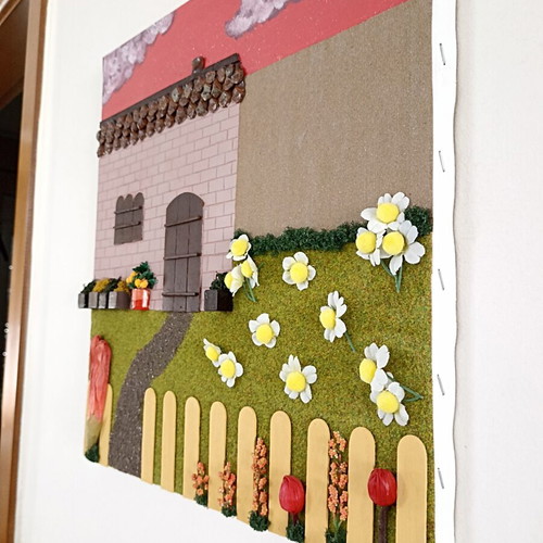 Handmade canvas painting 40x40 with house and garden