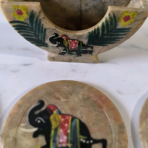Marble coasters used with elephant painting from India