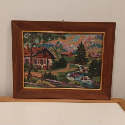 Gobelin wooden frame vintage 80's handmade embroidery with house design