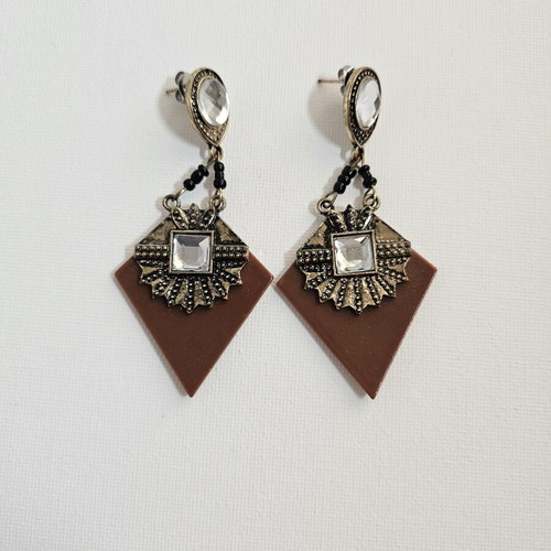 Vintage earrings with crystals used, brown geometric design