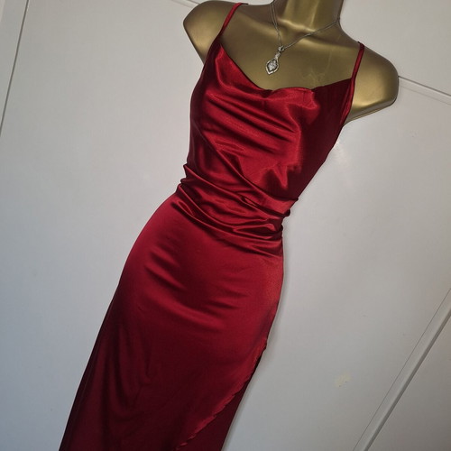 Shein dark wine red satin midi dress with slit, size medium