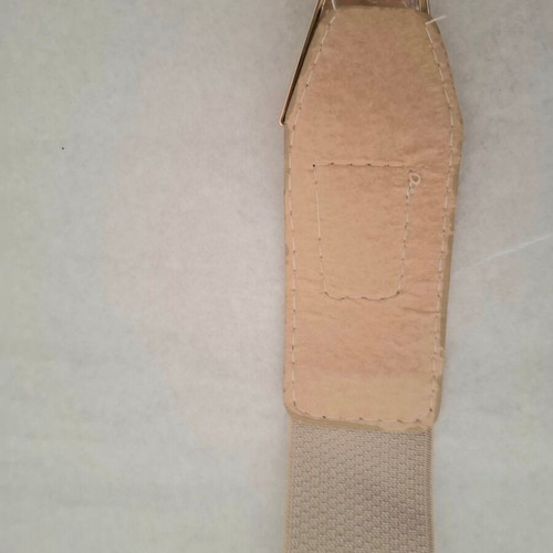 Elastic beige waist belt with gold buckle used, adjustable 90 cm