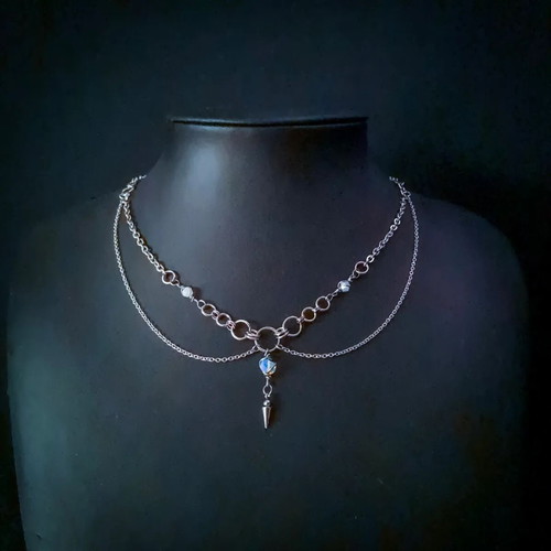 Layered Chain Necklace with moonstone, new, silver