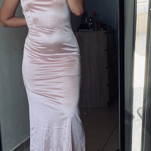 Pink satin midi dress with large bow on back, like new