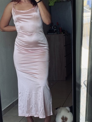 Pink satin midi dress with large bow on back, like new