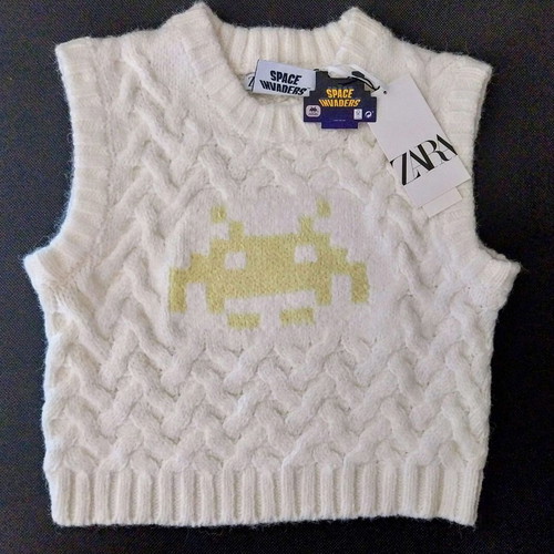 Zara Limited Edition Space Invaders Sleeveless Knit New, Size S, White-Yellow