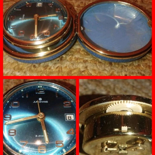 Junghans travel alarm clock like new, brass and leather