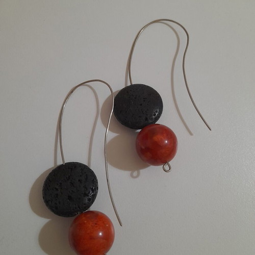 Handmade earrings new with silver, coral and lava stones