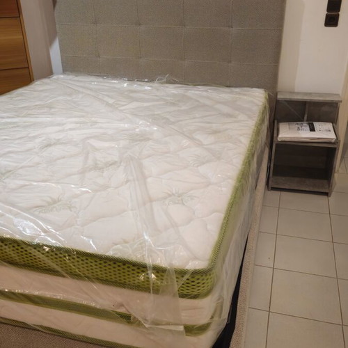 Double bed set with mattress and 2 bedside tables, fabric storage bed