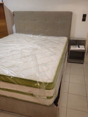 Double bed set with mattress and 2 bedside tables, fabric storage bed