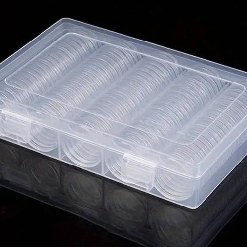 Plexiglas coin case with 100 capsules new, unopened