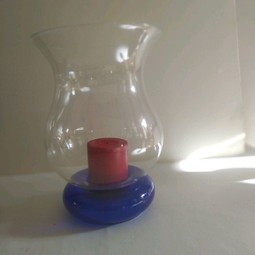 Glass blown candle holder with blue base and windproof, new