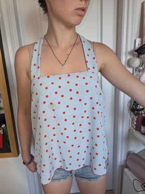 Light Blue Halter Top with Red Polka Dots Used, Size S