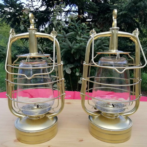 Postwar English Storm Lantern refurbished, gold with original glass