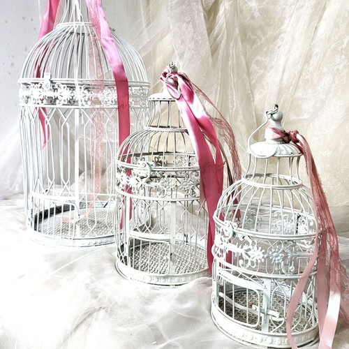 Set of 4 Decorative Birdcages with Metal Stand Like New, Vintage White