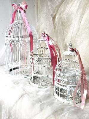 Set of 4 Decorative Birdcages with Metal Stand Like New, Vintage White