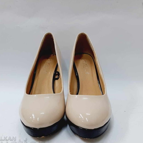 Vintage Italian high heel shoes used, beige patent leather with black heel
