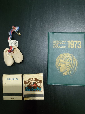 Old used hotel matchboxes with wooden clogs and 1973 calendar