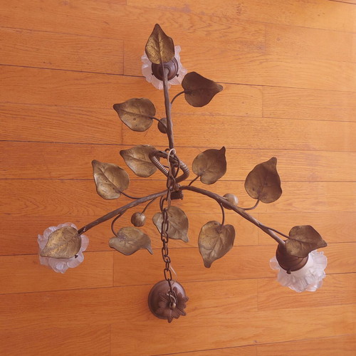 Art Nouveau 1900 French ceiling light used, gilt brass with frosted glass