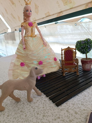 Bella doll with yellow dress, crown, throne, plant and dog set