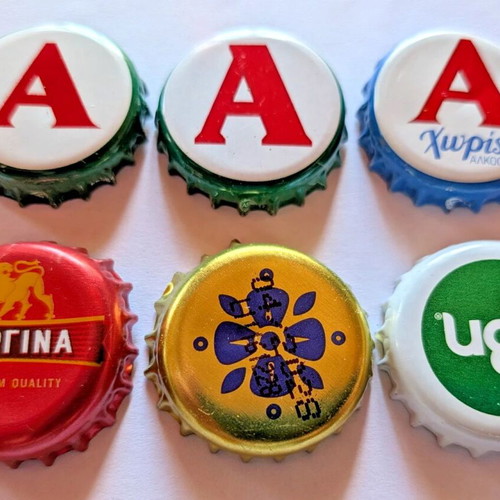 Beer caps used, set of 6 from Greek breweries
