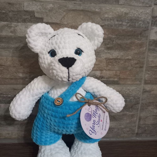 Hand made plush bear 25cm new with removable overalls