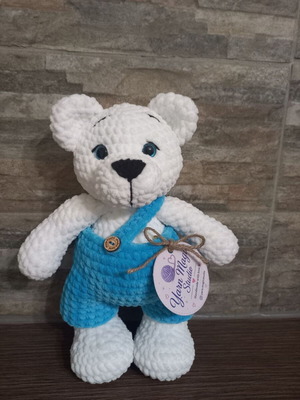 Hand made plush bear 25cm new with removable overalls