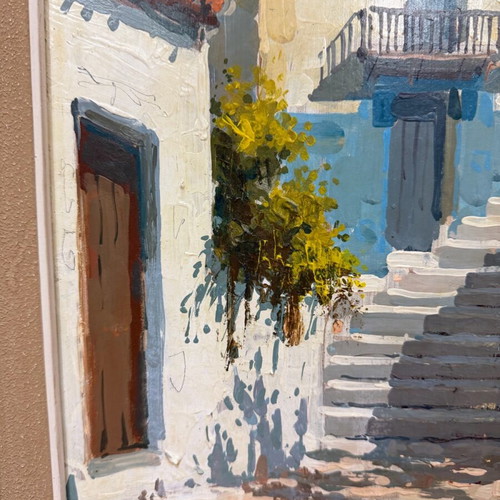 Ελαιογραφία Ν. Κριδέρας μεταχειρισμένη σε κορνίζα με θέμα Νησί