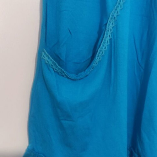 Beach dress blue S/M like new, strapless with pockets and ruffles
