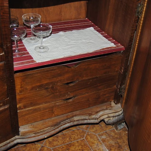 Old buffet with unique design, tiger maple wood