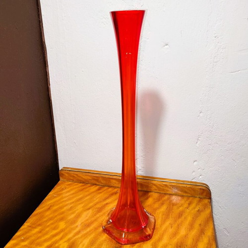 Glass tall narrow red vase 1970 used