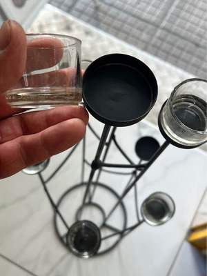 Metal Candle Holder used, 23.5cm width, 98.5cm height, missing one glass jar