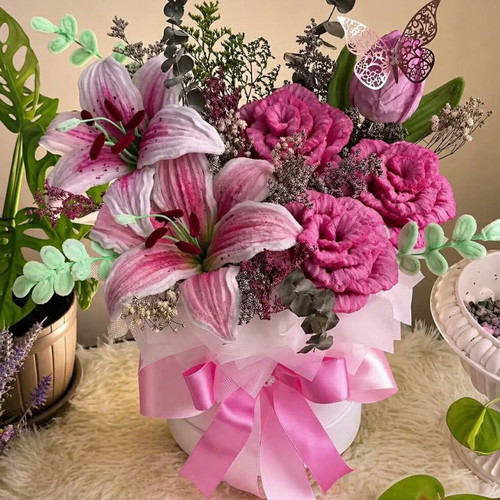 Delicate pink bouquet made to order with tiger lilies, roses and tulip
