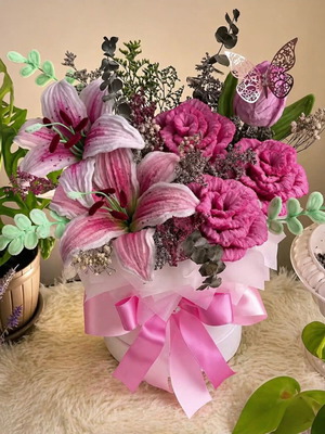 Delicate pink bouquet made to order with tiger lilies, roses and tulip
