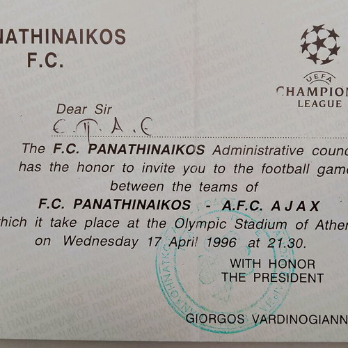 Collectible VIP Champions League ticket Panathinaikos 1996 like new