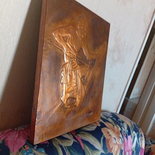 Copper embossed wall decor on wooden base, like new