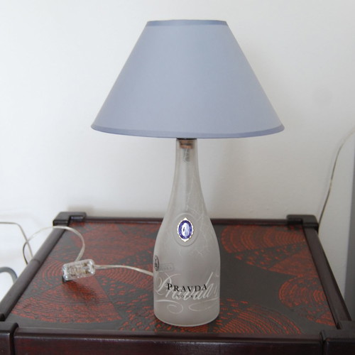 Handmade table lamp from Pravda Vodka bottle new with ciel shade
